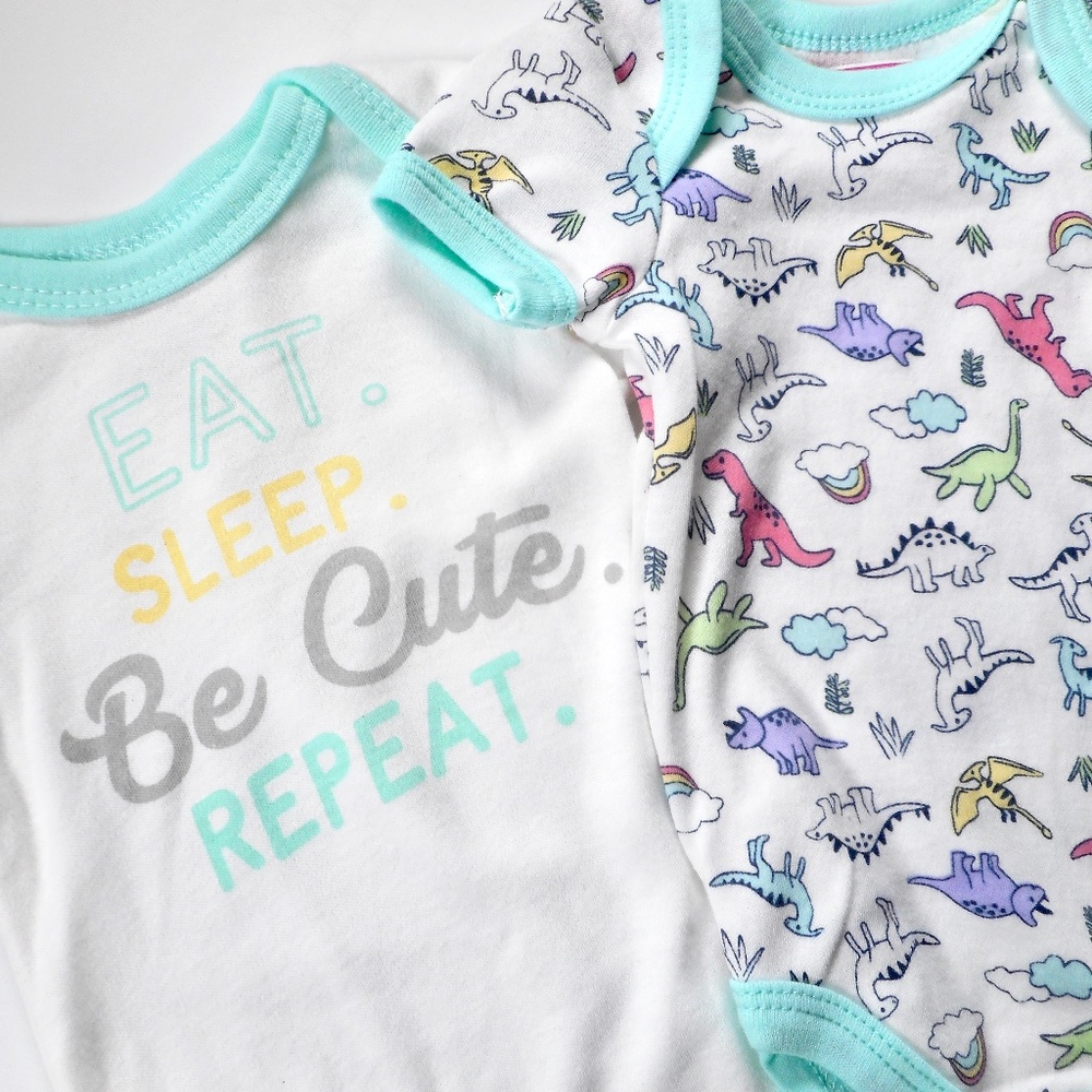 2 NWT 3-6 Mo Baby Eat Sleep Be Cute Repeat Dinosaur Print White Blue